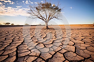 Isolated died tree in drought land, dry soil ground desert area with cracked mud in arid landscape. Shortage of water, climate