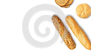 Isolated different kinds of bread on a white background. Photo of variety of bread with copy space. Top view. Related to bakery