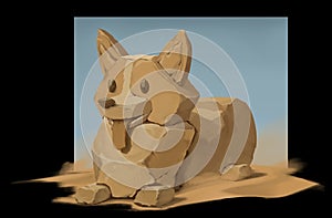 An isolated digital illustration of fantasy mythical sphinx corgi dog on a black background