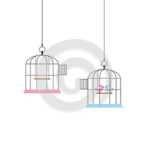 Isolated digital illustration of two birds in one cage - suitable for a concept of love