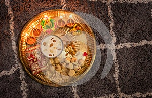 Isolated diwali cultural praying decorated plat for hindu goddess lakshmi