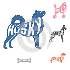Isolated dog breed silhouettes set with names of