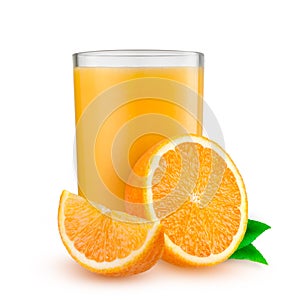 Isolated drink. Glass of orange juice and slices of orange fruit isolated on white background