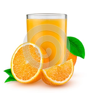 Isolated drink. Glass of orange juice and slices of orange fruit isolated on white background