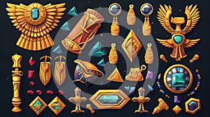 Isolated Egyptian UI design elements on black background. Modern illustration of borders decorated with scarabs, anubis