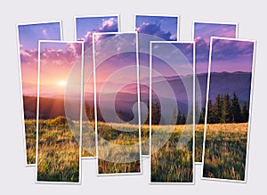 Isolated eight frames collage of picture of splendid suntise in Carpathian mountains