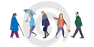 Isolated elderly people walking side view. ÃÂ¡artoon people in different poses while walking. Set of vector images of passersby photo