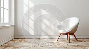 An isolated, elegant white chair stands out against the bare wooden floor of an empty room, creating a serene and inviting