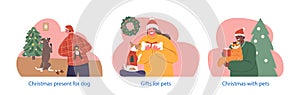 Isolated Elements with Characters Joyfully Bestow Christmas Gifts Upon Their Beloved Pets, Celebrating Holiday Spirit