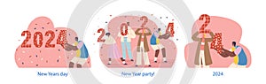 Isolated Elements with Diverse Male and Female Characters Holding Large, Colorful Numbers 2024, Vector Illustration