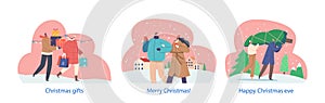 Isolated Elements with Loving Couple Characters Prepare for Christmas Holidays. Man and Woman Carrying Gifts, Pine Tree