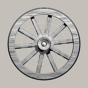 Isolated engraved vintage drawing of wooden cart wheel