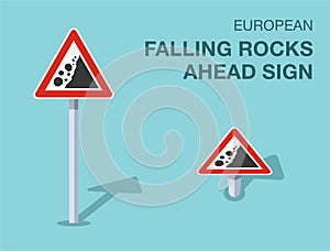 Isolated european falling rocks ahead sign. Front and top view.