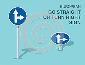 Isolated european go straight or turn right sign. Front and top view.