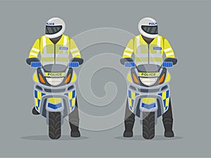 Isolated european motorcycle patrol officer looks right and left. Front view of a traffic police officer on motorbike.