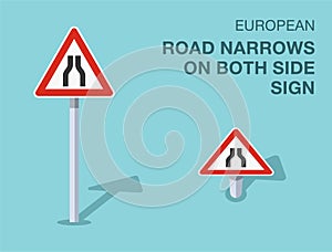 Isolated european road narrows on both side sign. Front and top view.