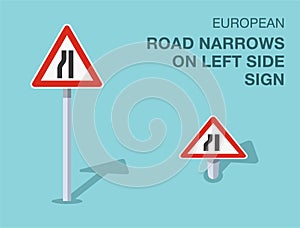 Isolated european road narrows on left side sign. Front and top view.