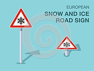 Isolated european snow and ice road sign. Front and top view.