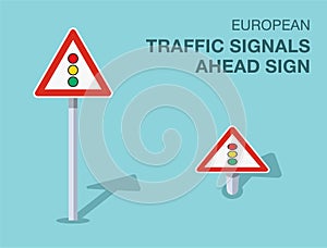 Isolated european traffic signals ahead sign. Front and top view.