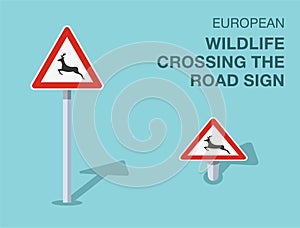 Isolated european wildlife crossing the road sign. Front and top view.