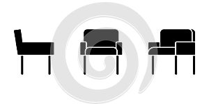 Isolated fabric office chair vector illustration icon pictogram set. Front, side view black and white cut out seat silhouette