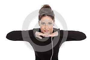 Isolated face of sophisticated woman in black dress.