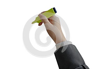 Isolated female hand holding yellow color marker, for presentation