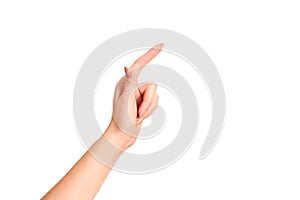 Isolated female hand touching pointing to something