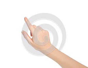 Isolated female hand touching pointing to something