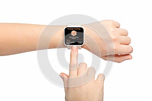 Isolated female hand with white smartwatch app package tracking