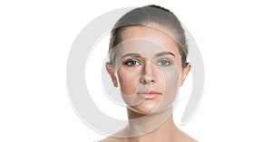 Isolated female model with natural makeup and healthy clear fresh skin portrait. Skincare, facial treatment, cosmetology