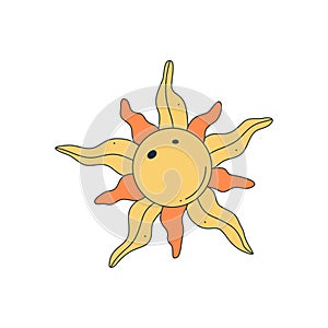 Isolated fictional abstract bright Sun on white background. Yellow colors. Space object in surrealistic cartoon style