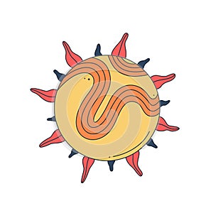 Isolated fictional abstract bright Sun on white background. Yellow and red colors. Space object in surrealistic cartoon