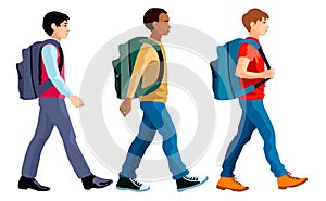 Isolated figures of boys going with school backpacks