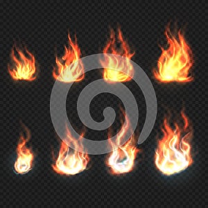 Isolated fire flames, power and energy symbols vector set