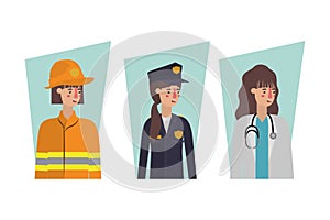 Isolated firefighter policewoman and doctor vector design