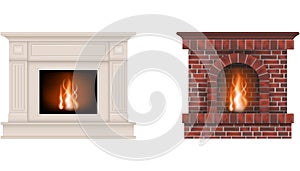 Isolated fireplaces. white fireplace and fireplace with red bricks