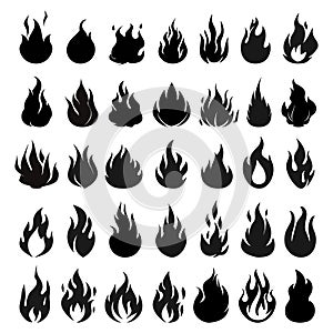 Isolated fires icons. Danger fire, black flames silhouettes. Campfire, natural hot disaster. Abstract monochrome logo