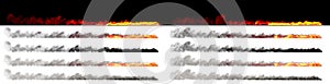 Isolated fires on trace of fast moving car wheel rendered with white and black smoke on various backgrounds - speed concept, 3D