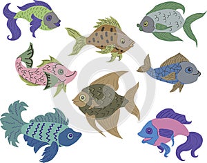 Isolated fish set. Set of freshwater aquarium cartoon fishes. Varieties of ornamental popular color fish. Flat design fish.