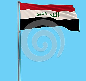 Isolated flag in colors of Iraq on a flagpole fluttering in the wind on a blue background, 3d rendering.