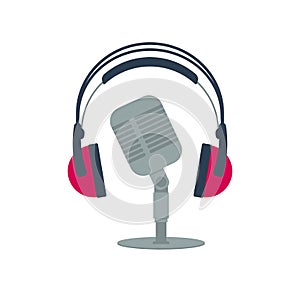 Isolated flat icon old microphone and headphones