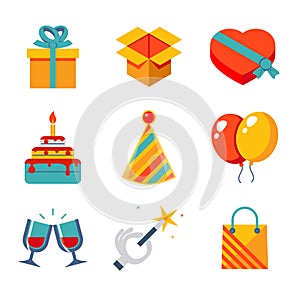 Isolated flat icons set Gift, Party, Birthday