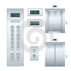 Isolated flat illustration Open and closed chrome metal office building elevator doors realistic hall interior and