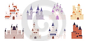 Isolated flat medieval castles. Fortresses, castle and towers collection. Cartoon king houses, fairytale buildings