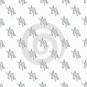 Isolated floral seamless pattern with blue branches bouquet. White background. Simple backdrop