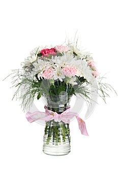 Isolated flower bouquet in a vase with pink ribbon bow