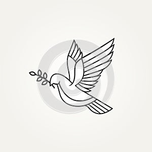 Isolated flying dove or pigeon holding olive branch line art simple icon template vector illustration design. minimalist pacifism