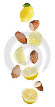 floating isolated on white background lemon fruits and almonds photo