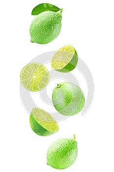 Isolated flying lime fruit wedges photo